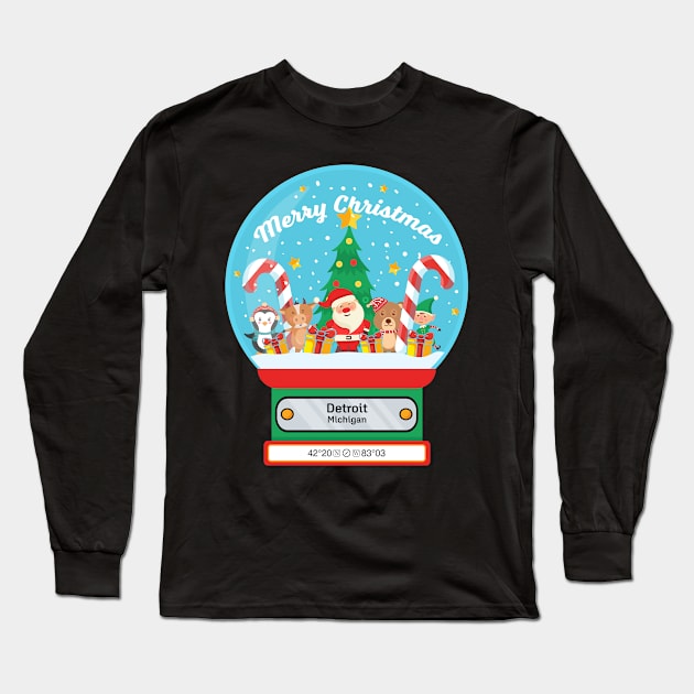 Detroit Michigan USA - Merry Christmas SnowGlobe Long Sleeve T-Shirt by MapYourWorld